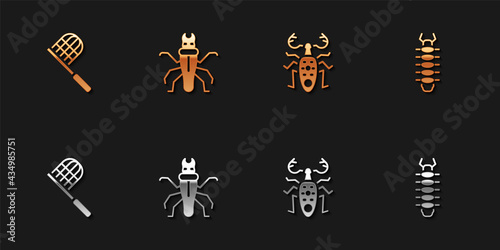 Set Butterfly net, Termite, Beetle deer and Centipede icon. Vector