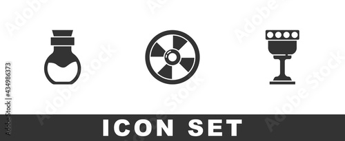Set Poison in bottle, Round wooden shield and Medieval goblet icon. Vector