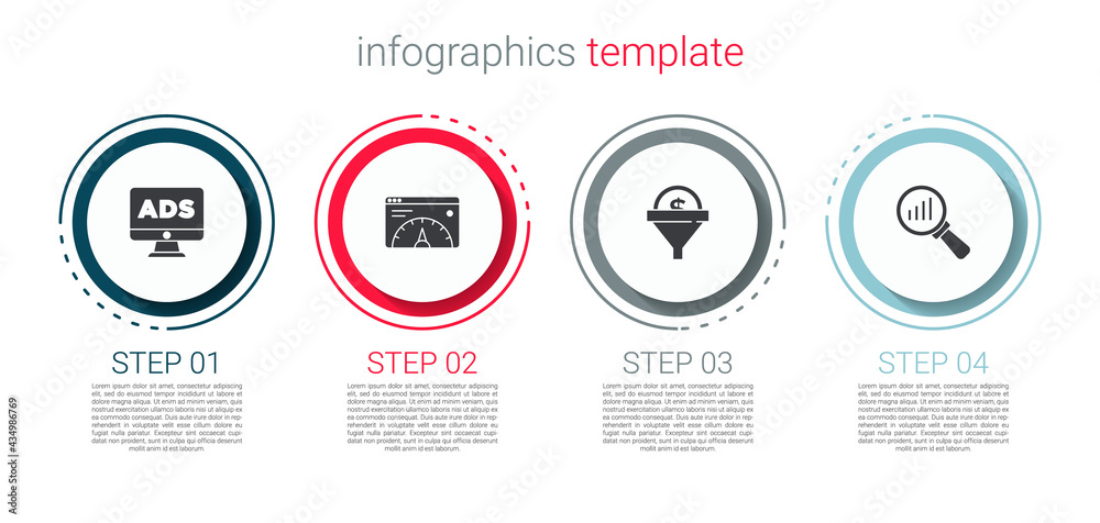 Set Advertising, Website statistic, Lead management and Magnifying glass and analysis. Business infographic template. Vector Set Advertising, Website statistic, Lead management and Magnifying glass and analysis. Business infographic template. Vector