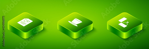 Set Isometric Cylinder hat, Diamond engagement ring and Greeting card icon. Vector