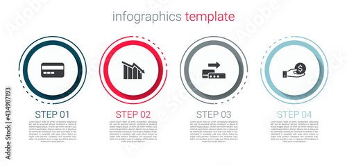 Set Credit card, Financial growth decrease, Pos terminal and Hand giving money. Business infographic template. Vector
