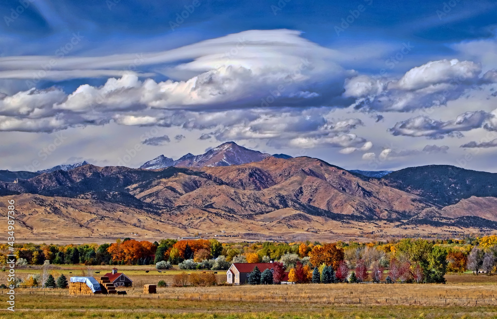 Lenticular clouds start to form in the Rocky Mountains above Long's Peak, Boulder County, Colorado