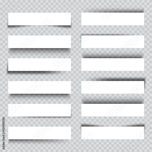 Set of white blank paper scraps with shadows. Page dividers on checkered background. Realistic transparent shadow effect. Element for design. Vector illustration.