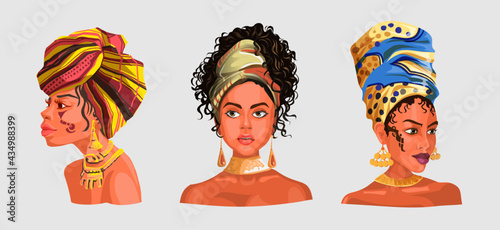 Set with Illustration of an African or latinos Girls Wearing Pretty Heads Scarves and Earrings. Used for print design greeting card used for print design, banner, poster, flyer template