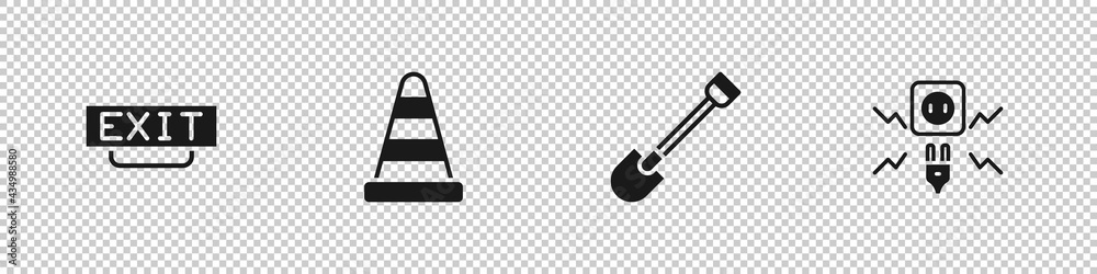 Set Fire exit, Traffic cone, shovel and Electricity spark icon. Vector Set Fire exit, Traffic cone, shovel and Electricity spark icon. Vector