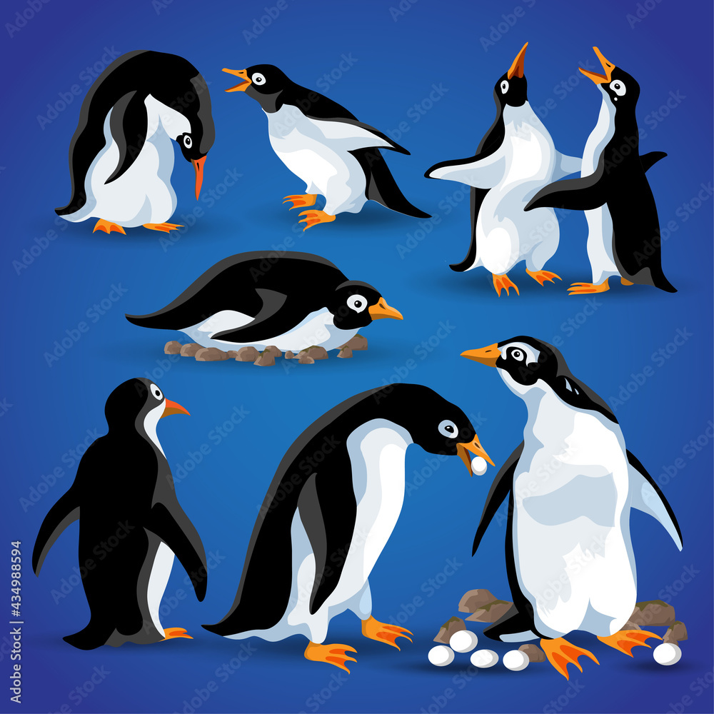Obraz premium Funny pinguins in different action poses. Cartoon mascots isolate. Penguin animal bird character, happy penguin, family with eggs, penguin nest, emotions . Vector illustration