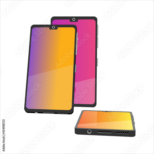 Group of 3d models cell phones. Smartphones in front view. 3d models elements for your design in vector. Creative pictures for your banner, cellular advertising poster