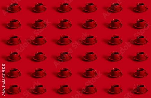 Pattern with a red cup of coffee on a ceramic saucer red background. Concept of Chocolate Day on red background