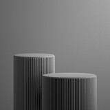 3d render, abstract grey background. Modern minimal showcase scene with two empty cylinder pedestals for product presentation