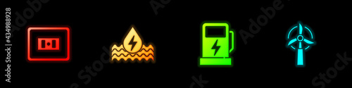 Set Electrical outlet, Water energy, car charging station and Wind turbine icon. Vector