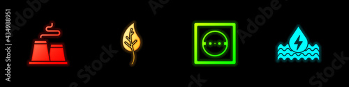 Set Factory, Leaf leaves, Electrical outlet and Water energy icon. Vector