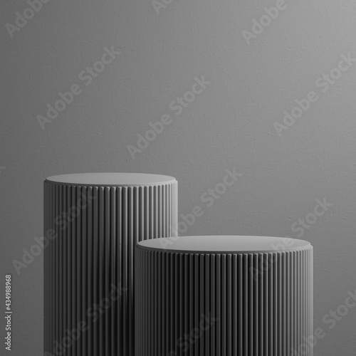 3d render, abstract grey background. Modern minimal showcase scene with two empty cylinder pedestals for product presentation