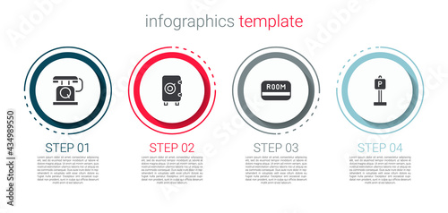 Set Telephone handset, Safe, Hotel key card and Parking. Business infographic template. Vector