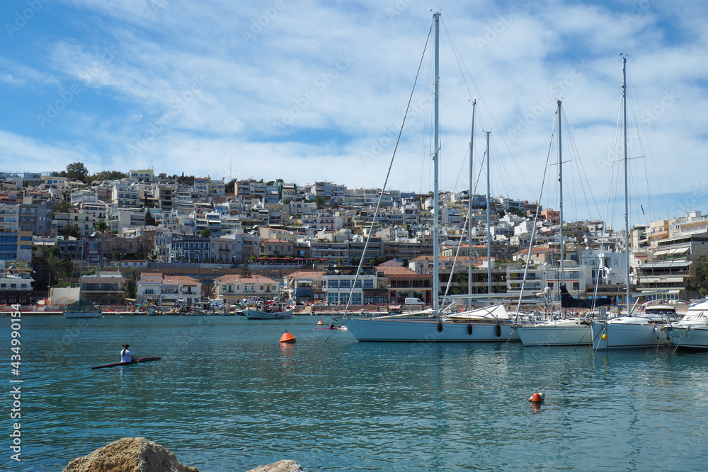 Obraz premium Beautiful round port of Mikrolimano in the heart of Piraeus during renovation works, Attica, Greece