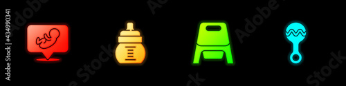 Set Baby, bottle, potty and Rattle baby toy icon. Vector
