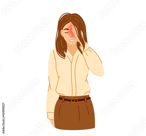 Young woman in office clothes suffering from cluster headache and pain, pressing hand to her throbbing eye. Vector hand-drawn illustration.