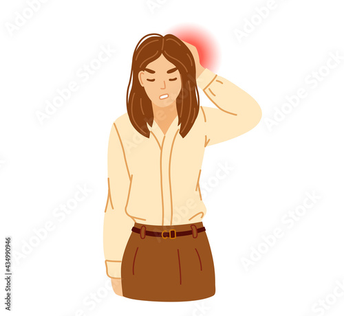 Young woman in office clothes suffering from migraine and hypertension headache, pressing hand to back of the head. Vector hand-drawn illustration.