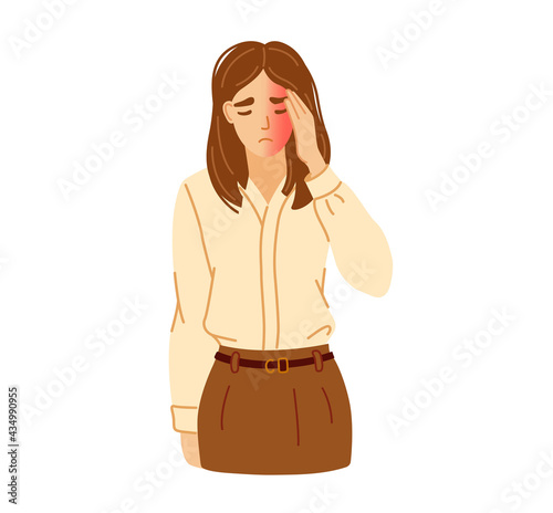 Young woman in office clothes suffering from migraine and headache, pressing hand to face. Vector hand-drawn illustration.