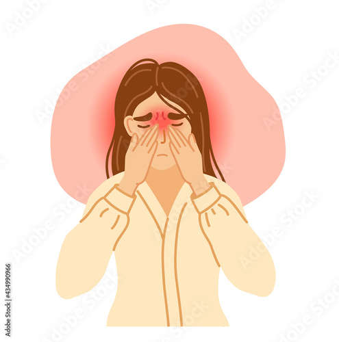 Sinus headache. Young woman suffering from pain and discomfort, pressing her hands to bridge of nose. Exhausted office worker. Vector hand-drawn character.