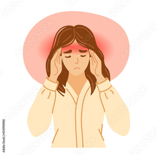 Woman with awful headache and migraine.  Exhausted, stressed, overworked woman, suffering from pain, pressing hands to head, his temples. Vector hand-drawn character.