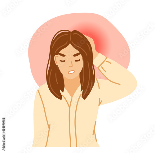 Hypertension headache. Woman suffering from pain, pressing hand to throbbing back of her head. Stressed office worker. Vector hand-drawn character.