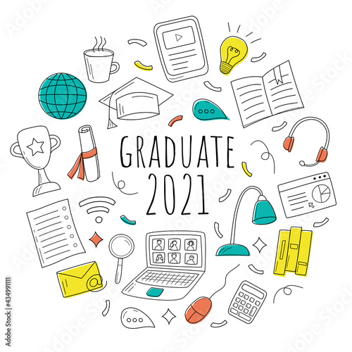 Online graduation 2021 round composition. Vector illustration in doodle style with colorful elements. Graduation online concept. Perfect for university poster, flyer, app, website or as textile design