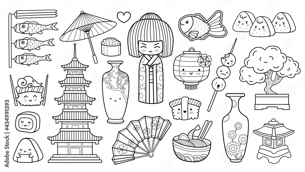 Geisha, sushi, onigiri, ramen, fan and umbrella. Popular japanese symbols. Outline vector illustration. Hand-drawn element for coloring book. Geisha, sushi, onigiri, ramen, fan and umbrella. Popular japanese symbols. Outline vector illustration. Hand-drawn element for coloring book.