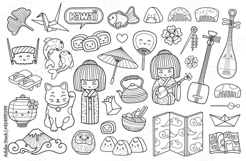 Big set of asian japanese symbols. Outline illustration for coloring book, tattoo, print, stickers. Japan, Tokyo, kokeshi doll, maneki neko, geisha, origami and koi carps. photo