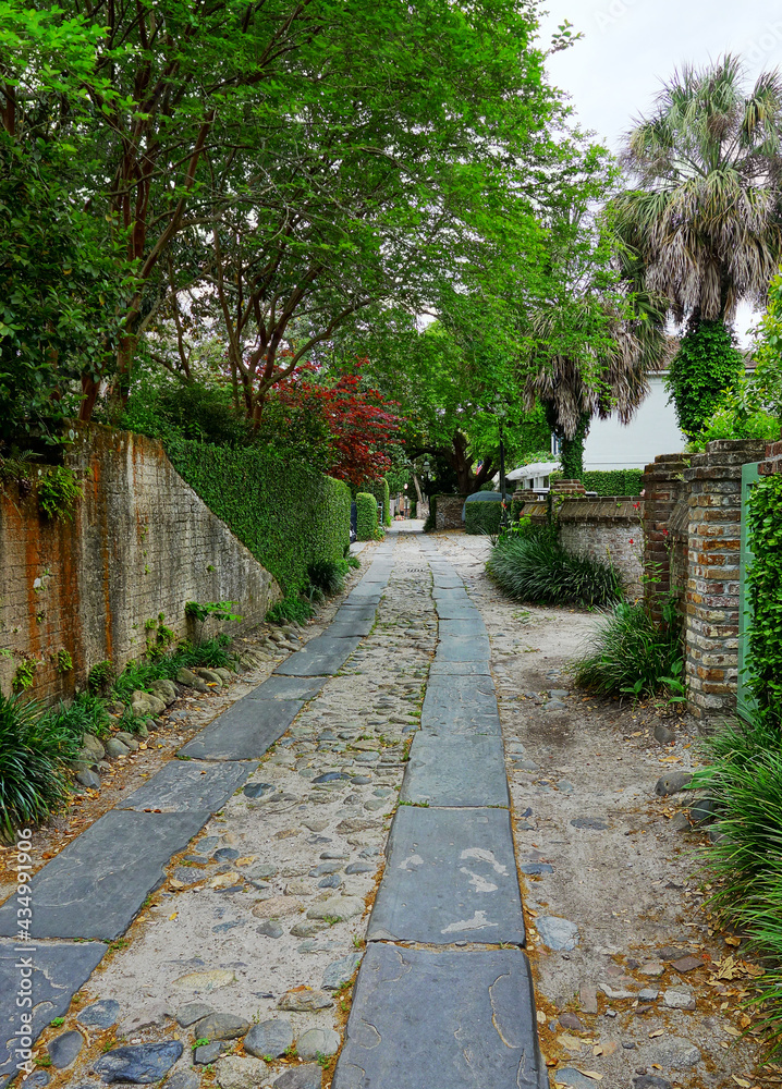 A quiet cobblestone side street with in historic Charleston South Carolina