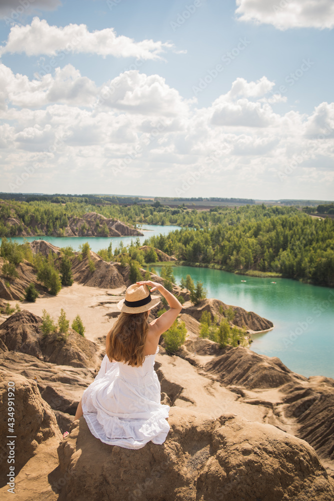 Russia, Tver region, konduki blue river, green forest, blue sky