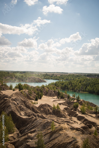 Russia, Tver region, konduki blue river, green forest, blue sky