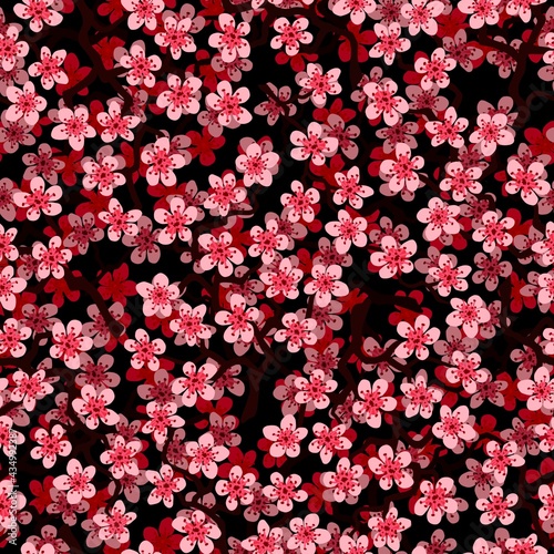 Fototapeta Naklejka Na Ścianę i Meble -  Seamless pattern with blossoming Japanese cherry sakura branches for fabric,packaging,wallpaper,textile decor,design, invitations,print,gift wrap,manufacturing.Pink flowers on black background