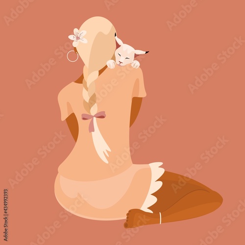Back view of young adult woman holding a cute cat. Girl spending time with their domestic animal. Trendy hand-drawn vector cartoon flat illustration.