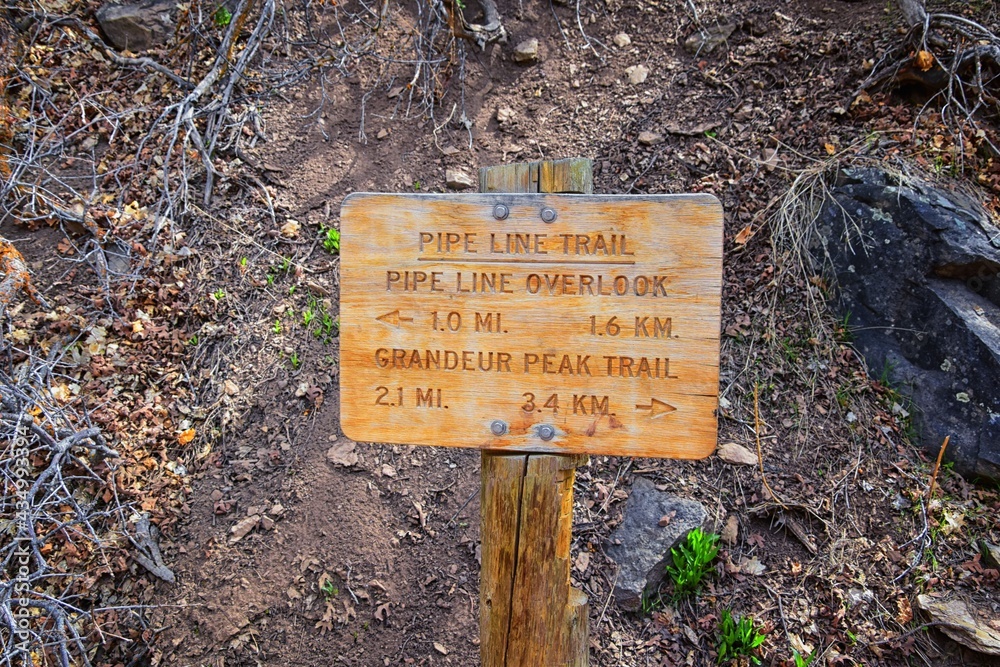 Trail Signs hiking along Grandeur Peak, Pipe Line Overlook and Rattlesnake Gulch Trails in the Wasatch National Forest, Salt Lake City, Utah, United States, USA.