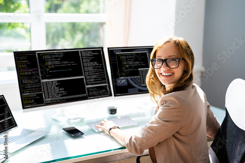 Programmer Woman Coding On Computer photo