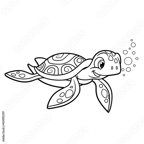 Cute cartoon sea turtle outlined for coloring page isolated on white background