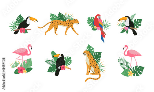 Cute toucan bird, parrot, flamingo, leopard with tropical exotic leaves and flowers of hibiscus and plumeria. Bright colorful vector animal illustration set in cartoon style