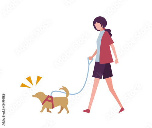 犬と一緒に散歩する女性　人物フラットイラスト