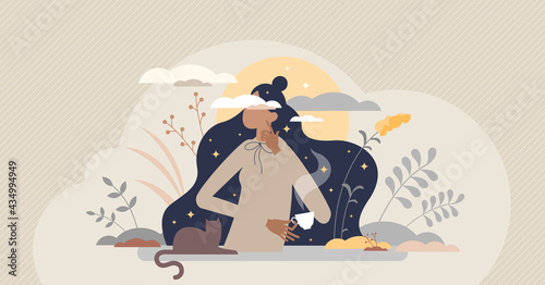 Daydreaming imagination and inspirational thinking scene tiny person concept. Relax and think about vision, wishes and life future vector illustration. Fantasy and brainstorm process visualization.