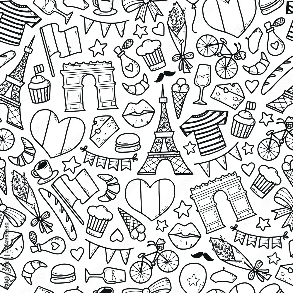 france seamless pattern with hand drawn doodles for wrapping paper, packaging, wallpaper, scrapbooking, stationary, textile prints, backgrounds, etc. EPS 10