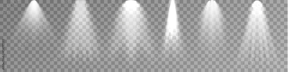 Set of Spotlight isolated on transparent background. Vector glowing light effect with white rays and beams. PNG. Vector illustration