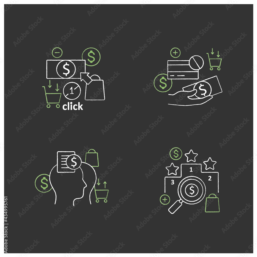 Mindful spendings chalk icons set. Rating, accountability partner, one click buying, cash using. Buying fewer concepts.Isolated vector illustrations on chalkboard Mindful spendings chalk icons set. Rating, accountability partner, one click buying, cash using. Buying fewer concepts.Isolated vector illustrations on chalkboard
