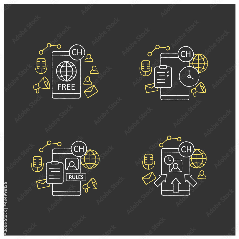 Drop in audio app chalk icons set.Communication application with friends.Application rules, raped popularity, waitlist, free app. Isolated vector illustrations on chalkboard Drop in audio app chalk icons set.Communication application with friends.Application rules, raped popularity, waitlist, free app. Isolated vector illustrations on chalkboard
