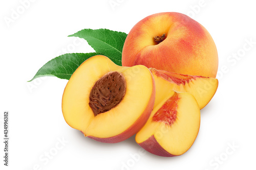 Ripe peach fruit half with slices isolated on white background with clipping path and full depth of field