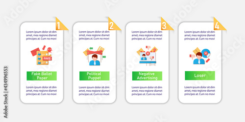 Election vector infographics.Fake ballot paper, negative ad, loser template design elements.Presentation with 4 steps. Choice, vote concept.Democracy.Parliamentary elections layout, info chart, banner