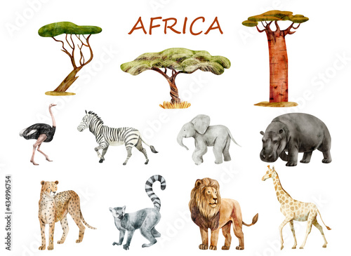 Canvas Print Watercolor set of African animals and trees on white background