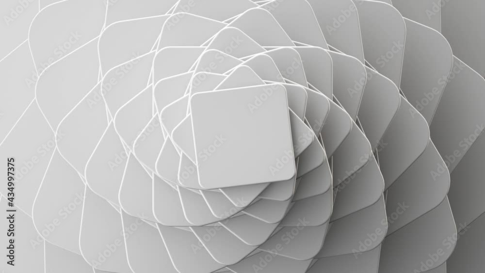 3d render, loop animation of abstract minimal white background twisting. Geometric shapes spin. Rotating deck of square blank cards