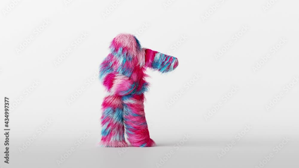 3d colorful cartoon character funny disco dance, hairy colorful monster is dancing. Final moves and culmination of the dance