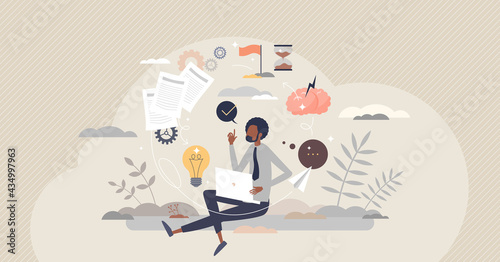 Creative process and innovative idea project thinking tiny person concept. Research and new work planning with brainstorming, solution finding and creativity vector illustration. Mind imagination job.