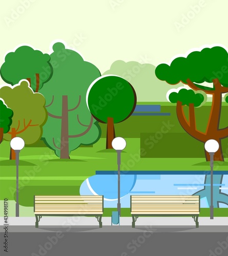 City park area. Trees, shrubs and lanterns. Beautiful summer cityscape in restrained colors. Pond and benches. A place to relax, walk and date. Beautiful background picture. Lawn. Vector.